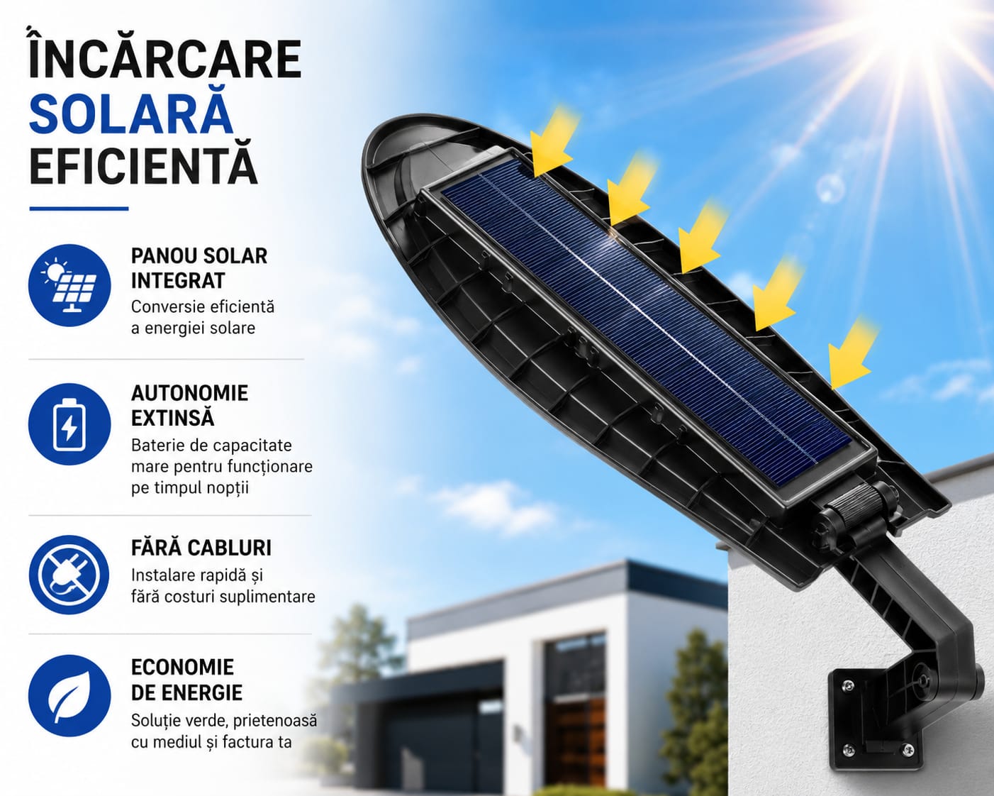 Lampă Solară LED Exterior W779A cu Telecomandă, 260 LED SMD (65x4), Senzor de Mișcare și Lumină, 3 Moduri de Iluminare, Panou Solar Integrat, IP66 Waterproof, Lumină Alb Rece 6000K, ABS, Negru