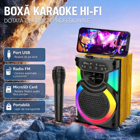 Boxă Bluetooth Portabilă Karaoke cu Microfon, Lumini LED RGB, USB, Card TF și Radio FM – Sunet Puternic pentru Petreceri + Încărcător Rapid Cadou