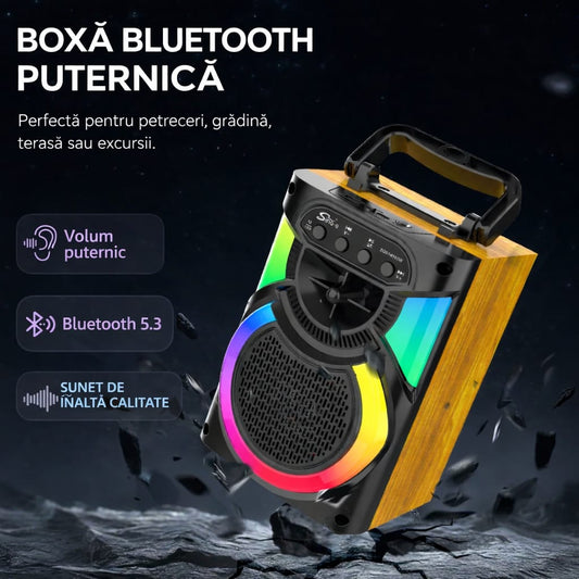 Boxă Bluetooth Portabilă Karaoke cu Microfon, Lumini LED RGB, USB, Card TF și Radio FM – Sunet Puternic pentru Petreceri + Încărcător Rapid Cadou