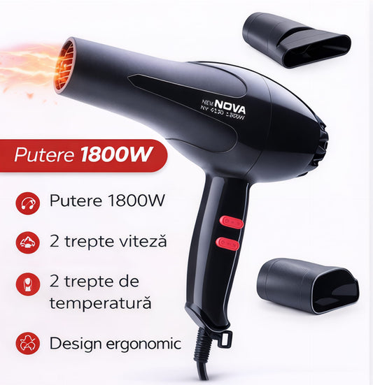 Uscător de păr profesional New Nova NV-6130, 1800W, 2 trepte viteză și temperatură, design ergonomic