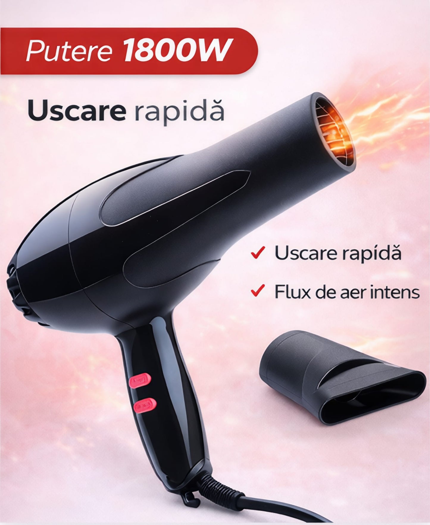 Uscător de păr profesional New Nova NV-6130, 1800W, 2 trepte viteză și temperatură, design ergonomic