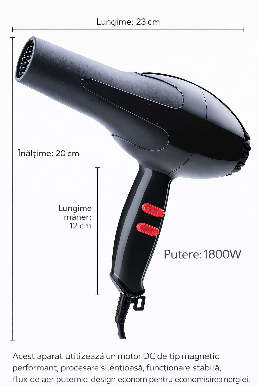 Uscător de păr profesional New Nova NV-6130, 1800W, 2 trepte viteză și temperatură, design ergonomic