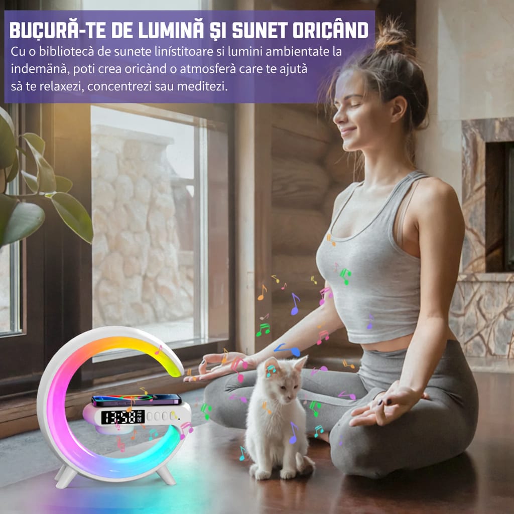 Lampă LED RGB cu Difuzor Bluetooth și Ceas Digital G63 – Lumină Ambientală Smart cu Sunete Relaxante