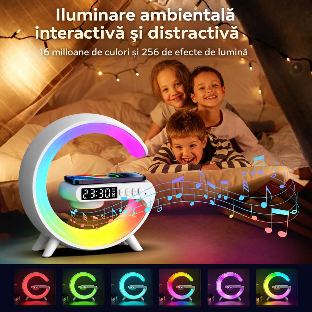 Lampă LED RGB cu Difuzor Bluetooth și Ceas Digital G63 – Lumină Ambientală Smart cu Sunete Relaxante