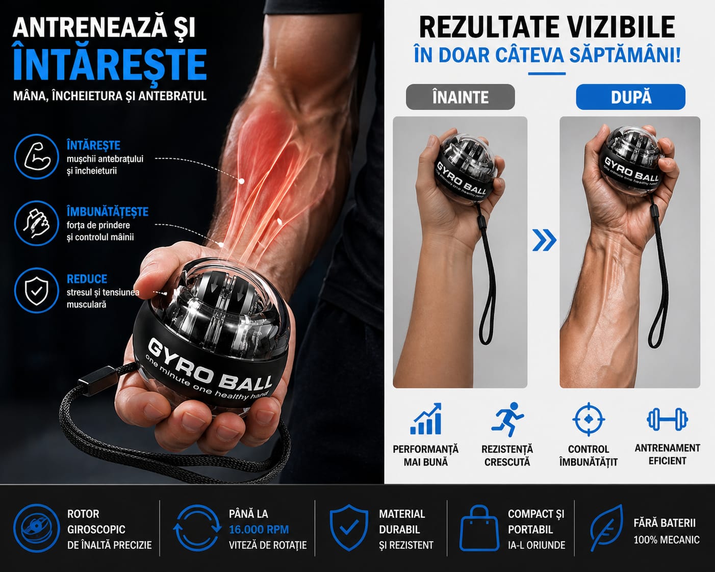 Bilă Giroscopică (Gyro Ball) pentru Antrenarea Încheieturii și Antebrațului – Aparat Fitness pentru Mâini Antistres
