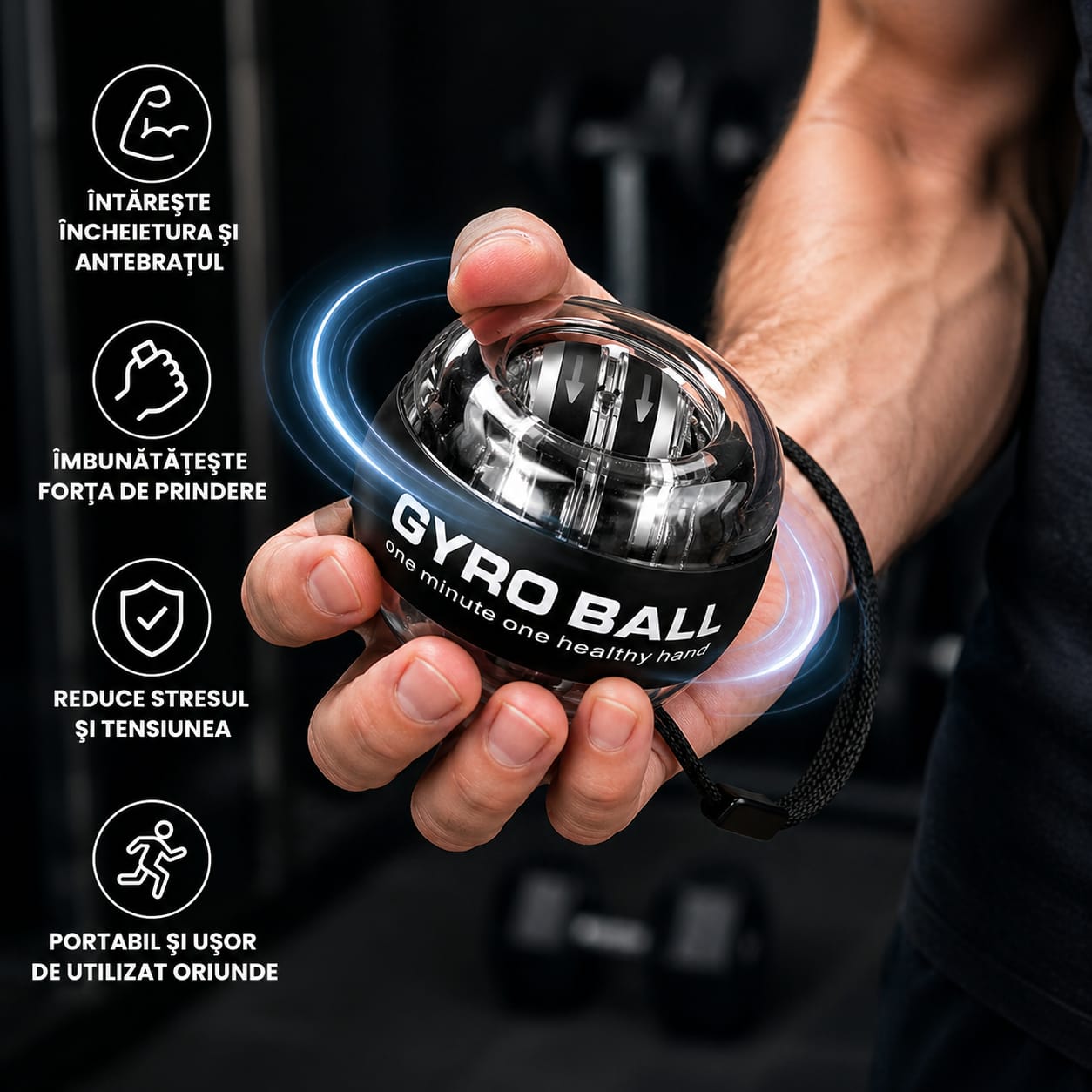 Bilă Giroscopică (Gyro Ball) pentru Antrenarea Încheieturii și Antebrațului – Aparat Fitness pentru Mâini Antistres