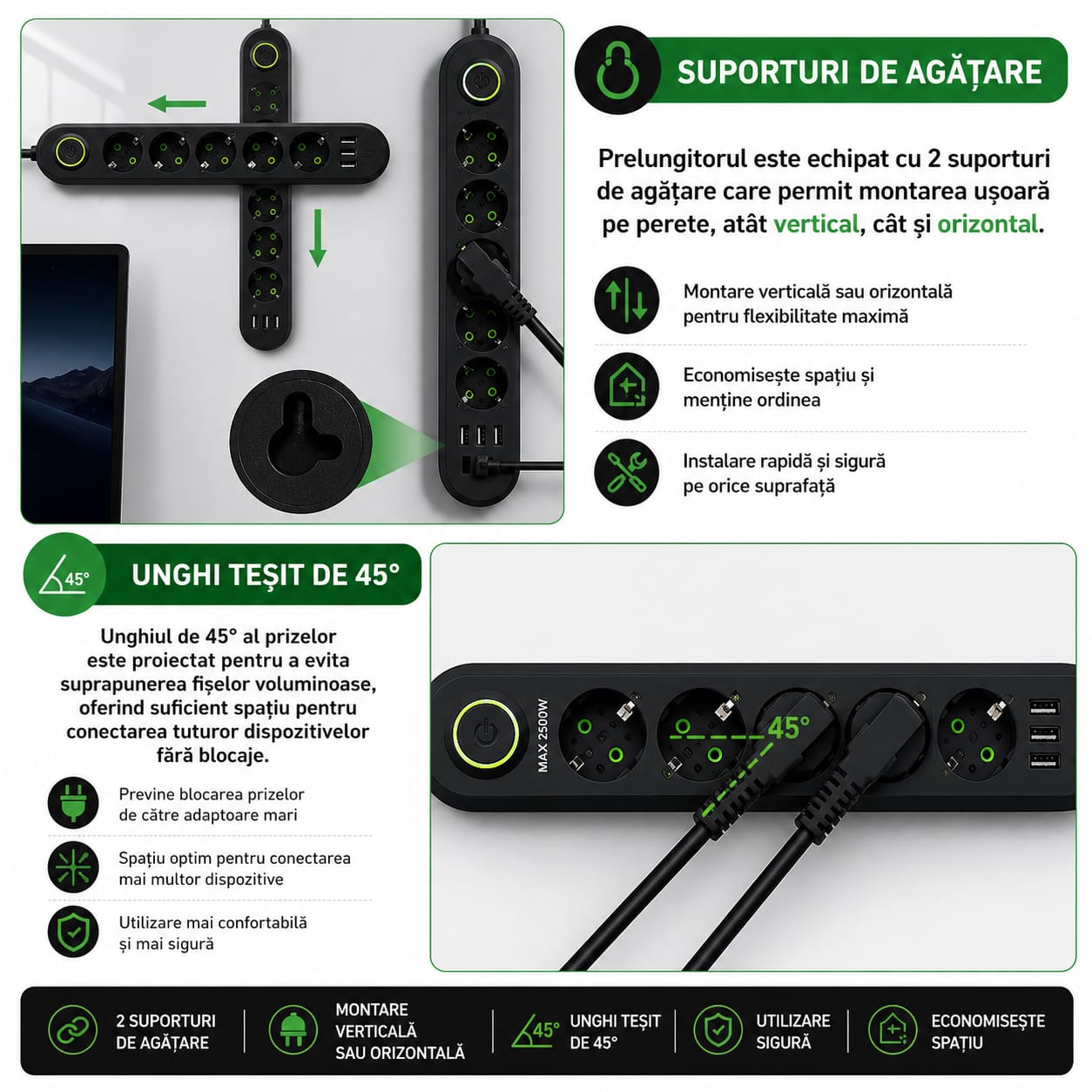 Prelungitor Electric 5 Prize si 3 Porturi USB, 2500W, Cablu 3 Metri, Intrerupator Individual, Protectie Supratensiune, Rezistent la Temperatura, Negru