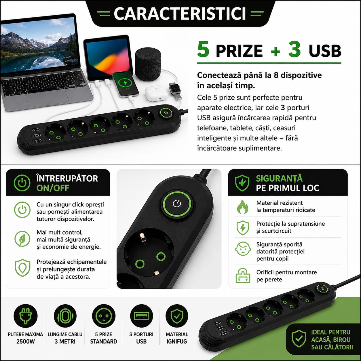 Prelungitor Electric 5 Prize si 3 Porturi USB, 2500W, Cablu 3 Metri, Intrerupator Individual, Protectie Supratensiune, Rezistent la Temperatura, Negru