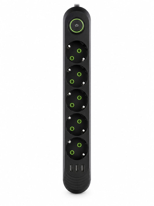 Prelungitor Electric 5 Prize si 3 Porturi USB, 2500W, Cablu 3 Metri, Intrerupator Individual, Protectie Supratensiune, Rezistent la Temperatura, Negru