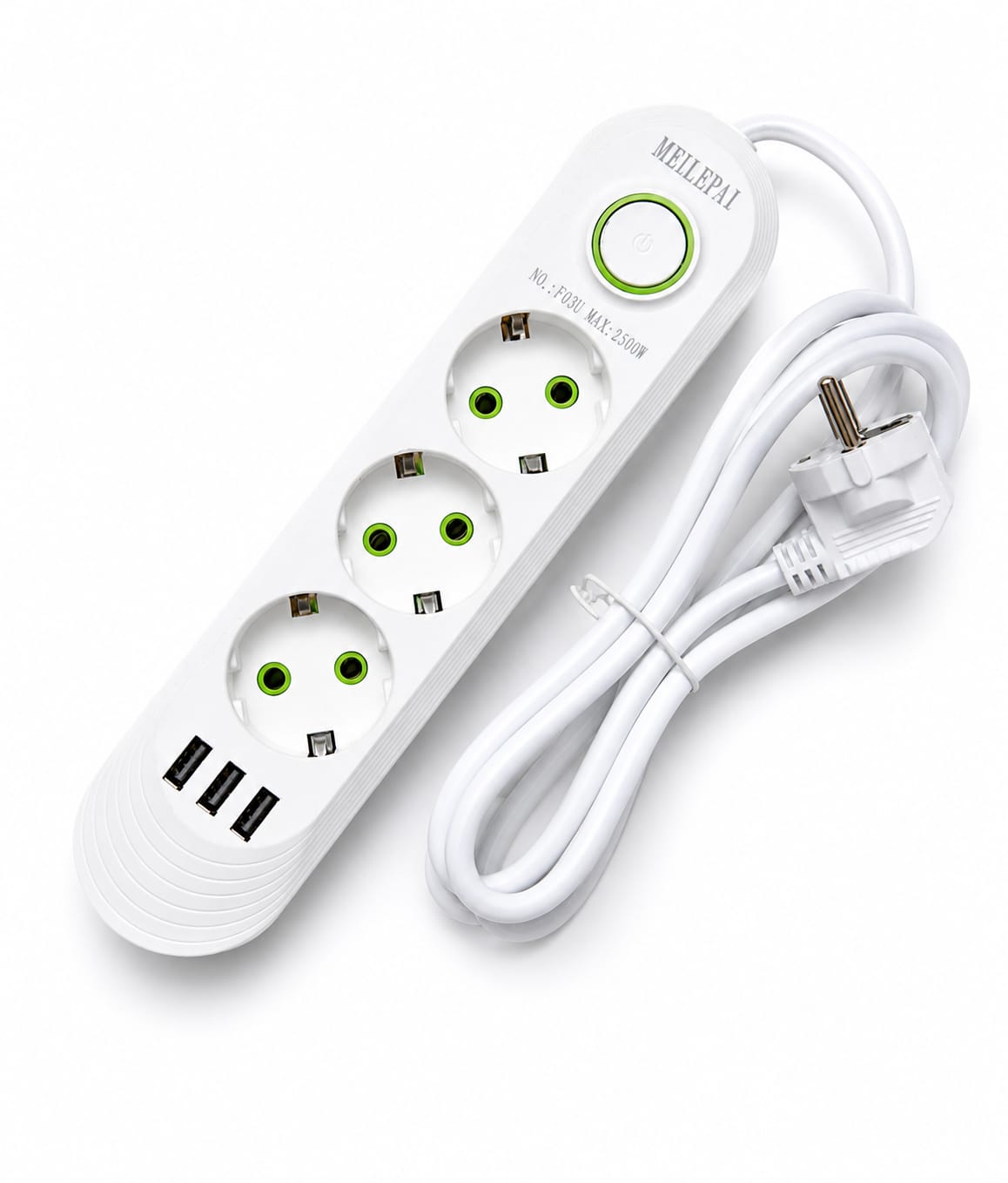 Prelungitor Multiplu 3 Prize + 3 USB, 2500W, Cablu 2m, Intrerupator ON/OFF, Protectie Suprasarcina, Alb