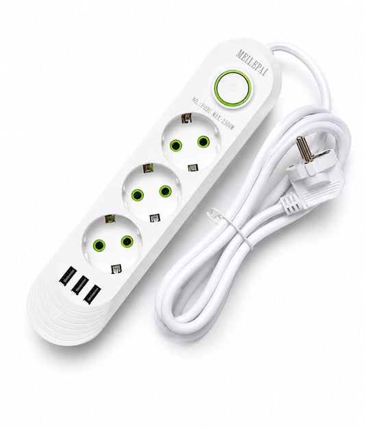 Prelungitor Multiplu 3 Prize + 3 USB, 2500W, Cablu 2m, Intrerupator ON/OFF, Protectie Suprasarcina, Alb