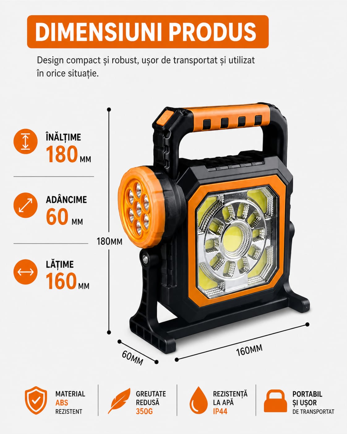 Lanternă LED Camping Reîncărcabilă cu Panou Solar, 2500mAh, COB + 7 LED, USB, Suport Reglabil 180°, IP44, Lumină Puternică