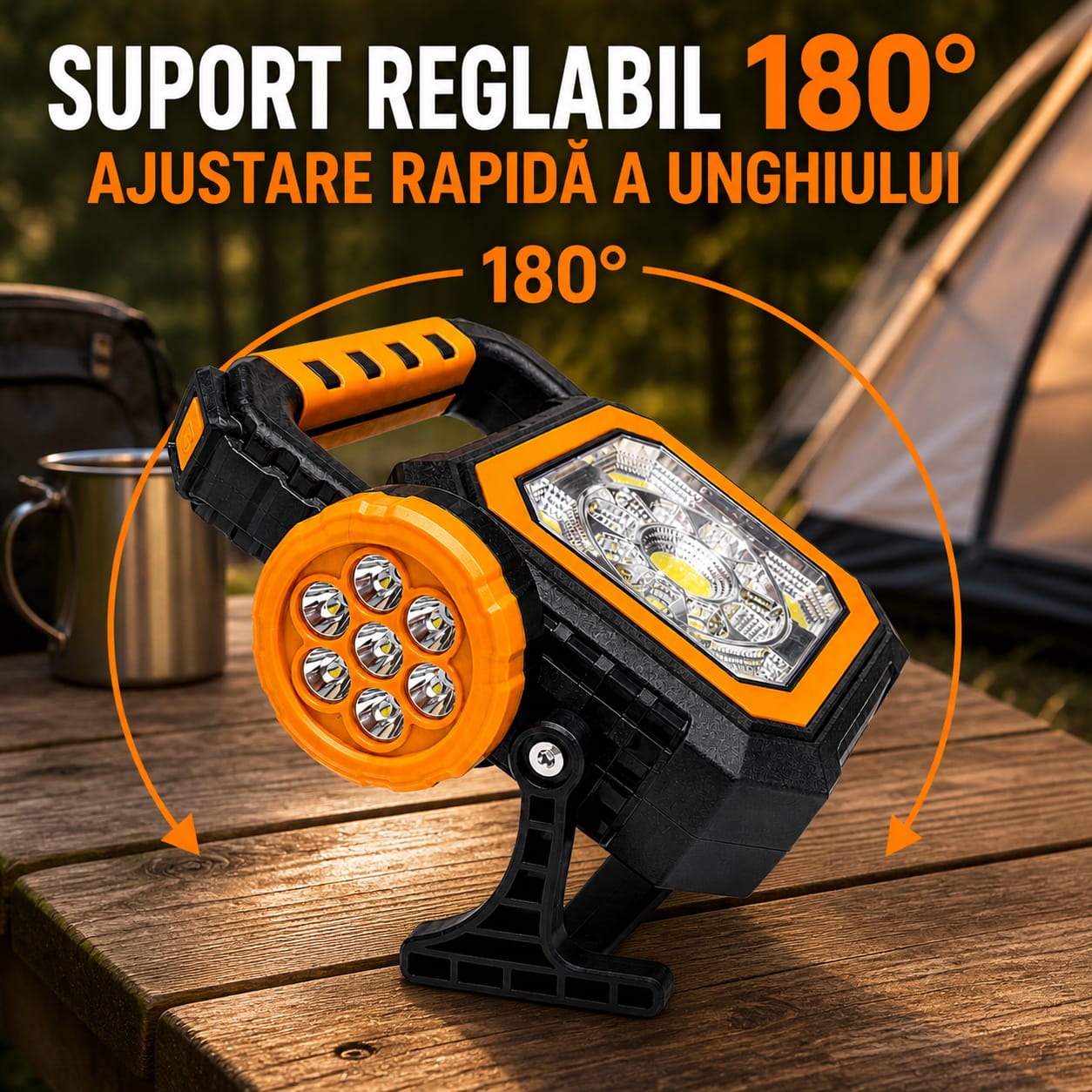 Lanternă LED Camping Reîncărcabilă cu Panou Solar, 2500mAh, COB + 7 LED, USB, Suport Reglabil 180°, IP44, Lumină Puternică