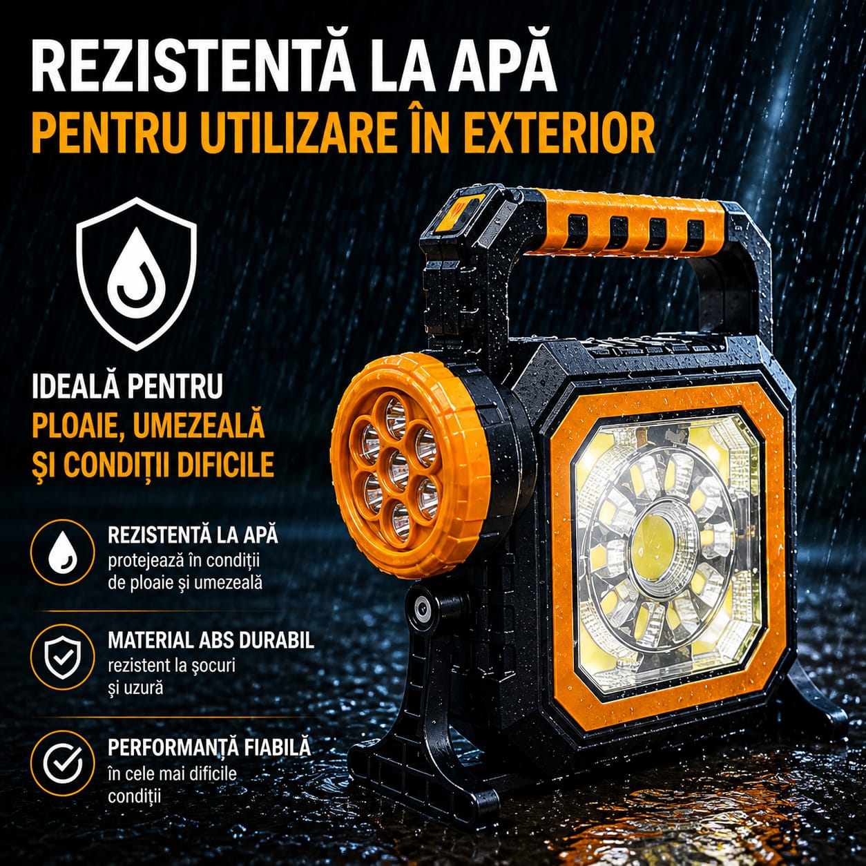 Lanternă LED Camping Reîncărcabilă cu Panou Solar, 2500mAh, COB + 7 LED, USB, Suport Reglabil 180°, IP44, Lumină Puternică
