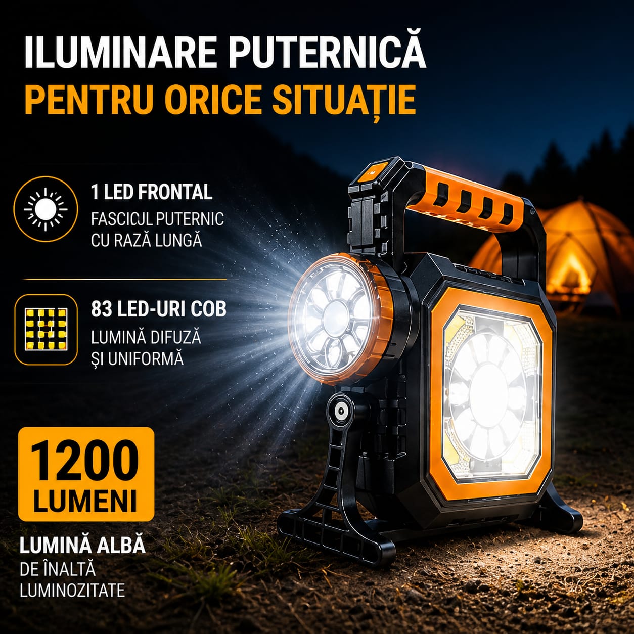 Lanternă LED Camping Reîncărcabilă cu Panou Solar, 2500mAh, COB + 7 LED, USB, Suport Reglabil 180°, IP44, Lumină Puternică
