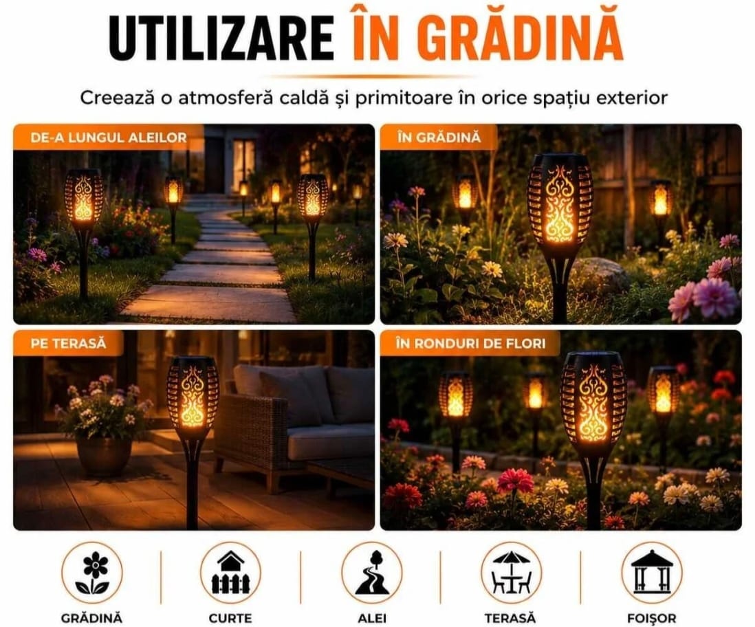 PACHET 5X Lampă Solară LED cu Efect Flacără, IP65, Pornire Automată, Panou Solar, Iluminare Decorativă pentru Grădină, Curte, Alei și Terasă, 52 cm, Negru