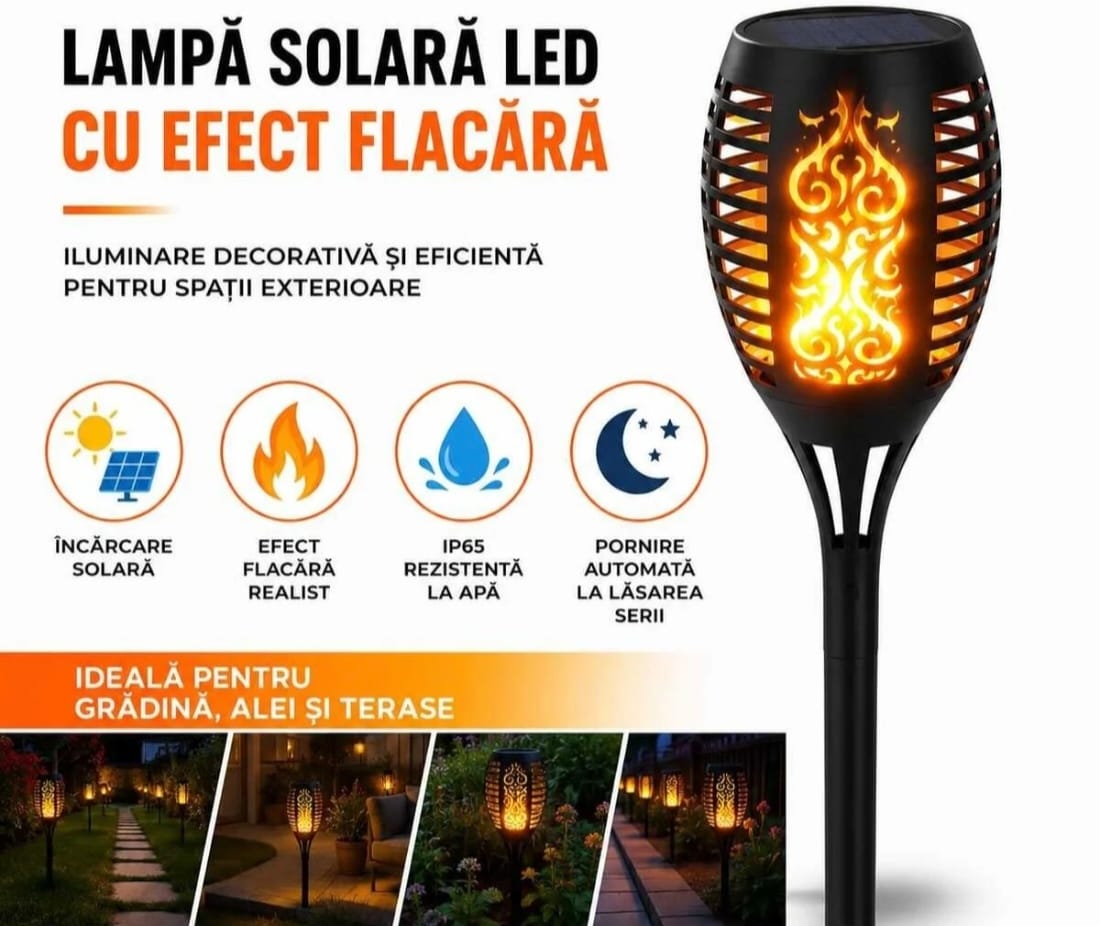 PACHET 5X Lampă Solară LED cu Efect Flacără, IP65, Pornire Automată, Panou Solar, Iluminare Decorativă pentru Grădină, Curte, Alei și Terasă, 52 cm, Negru