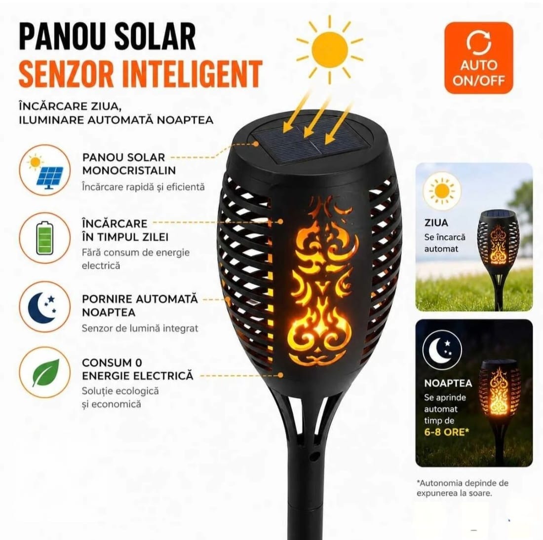 PACHET 5X Lampă Solară LED cu Efect Flacără, IP65, Pornire Automată, Panou Solar, Iluminare Decorativă pentru Grădină, Curte, Alei și Terasă, 52 cm, Negru