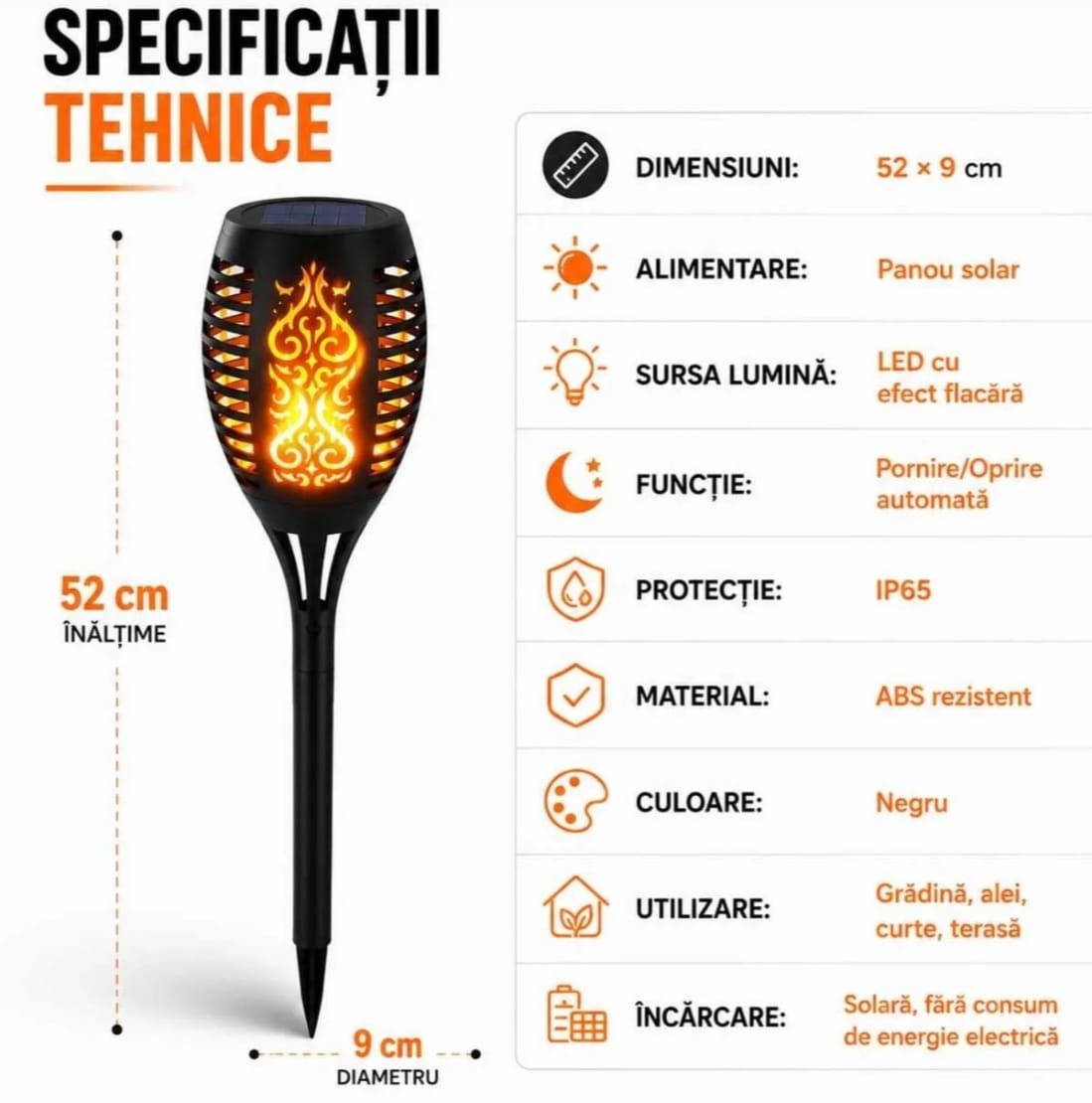 PACHET 5X Lampă Solară LED cu Efect Flacără, IP65, Pornire Automată, Panou Solar, Iluminare Decorativă pentru Grădină, Curte, Alei și Terasă, 52 cm, Negru