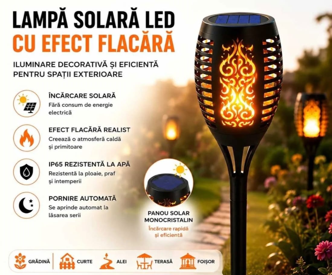 PACHET 5X Lampă Solară LED cu Efect Flacără, IP65, Pornire Automată, Panou Solar, Iluminare Decorativă pentru Grădină, Curte, Alei și Terasă, 52 cm, Negru