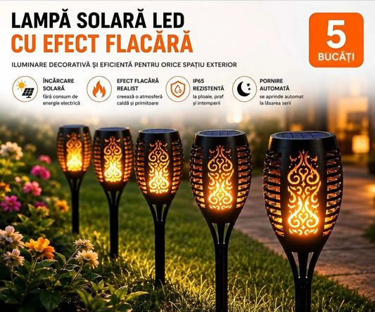 PACHET 5X Lampă Solară LED cu Efect Flacără, IP65, Pornire Automată, Panou Solar, Iluminare Decorativă pentru Grădină, Curte, Alei și Terasă, 52 cm, Negru