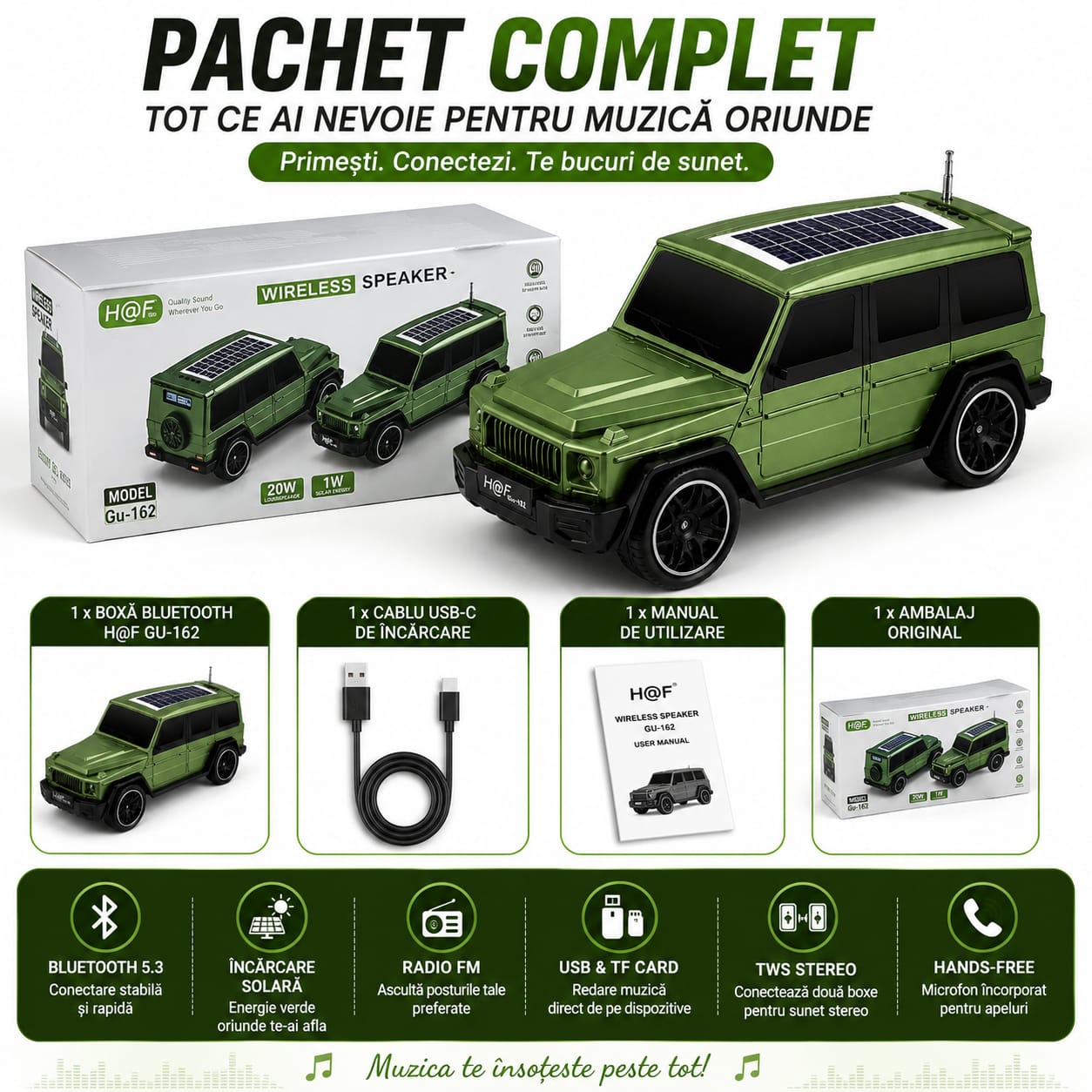 Boxă Portabilă Bluetooth H@F GU-162, 20W, Bluetooth 5.3, Încărcare Solară 1W, USB, TF Card, Radio FM, TWS Stereo, Hands-Free, Baterie 1200 mAh, USB-C, Verde