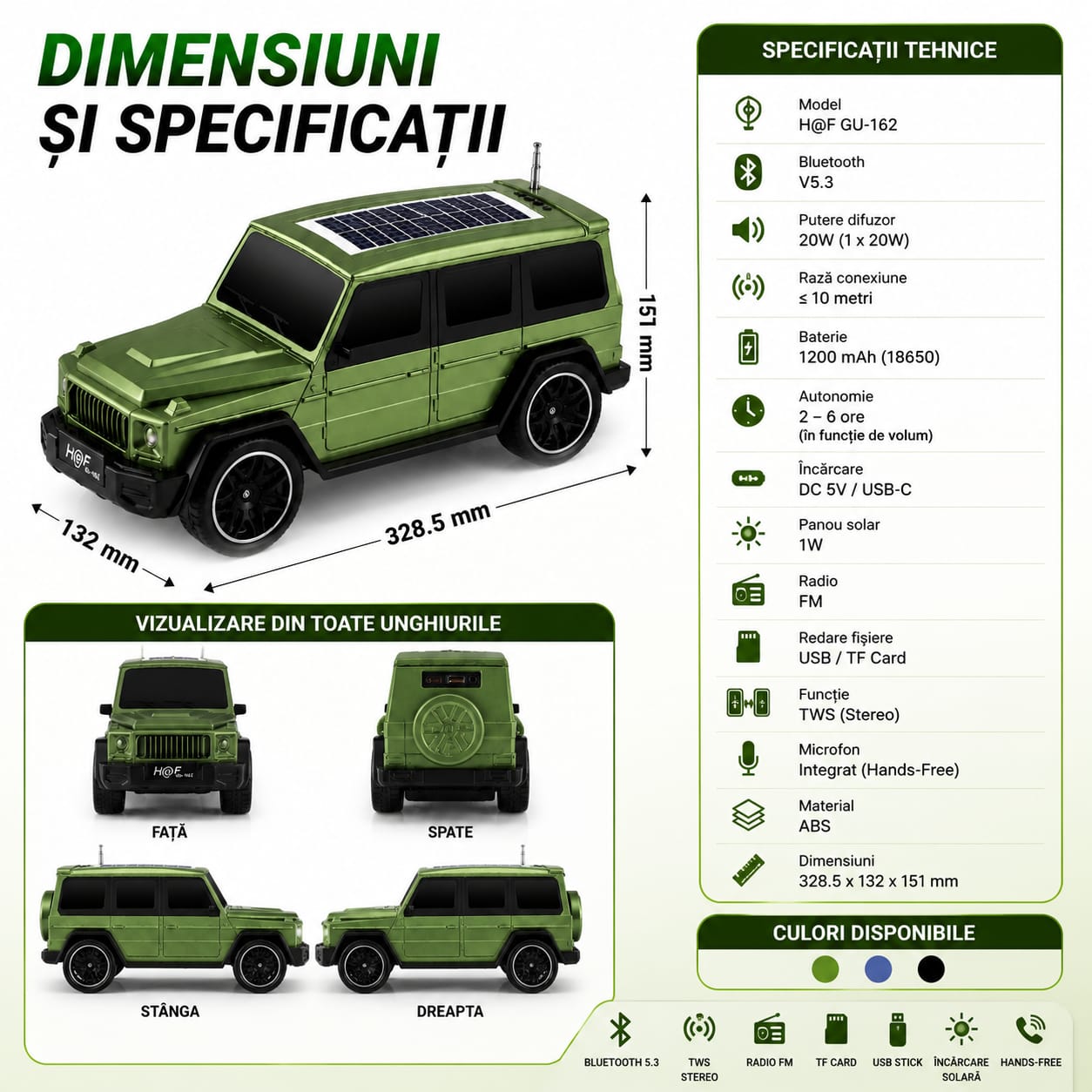 Boxă Portabilă Bluetooth H@F GU-162, 20W, Bluetooth 5.3, Încărcare Solară 1W, USB, TF Card, Radio FM, TWS Stereo, Hands-Free, Baterie 1200 mAh, USB-C, Verde