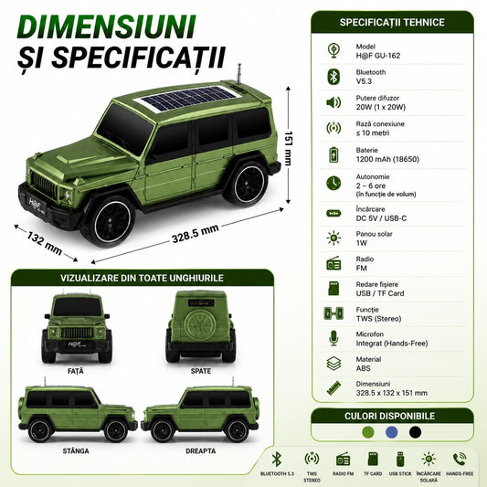Boxă Portabilă Bluetooth H@F GU-162, 20W, Bluetooth 5.3, Încărcare Solară 1W, USB, TF Card, Radio FM, TWS Stereo, Hands-Free, Baterie 1200 mAh, USB-C, Verde