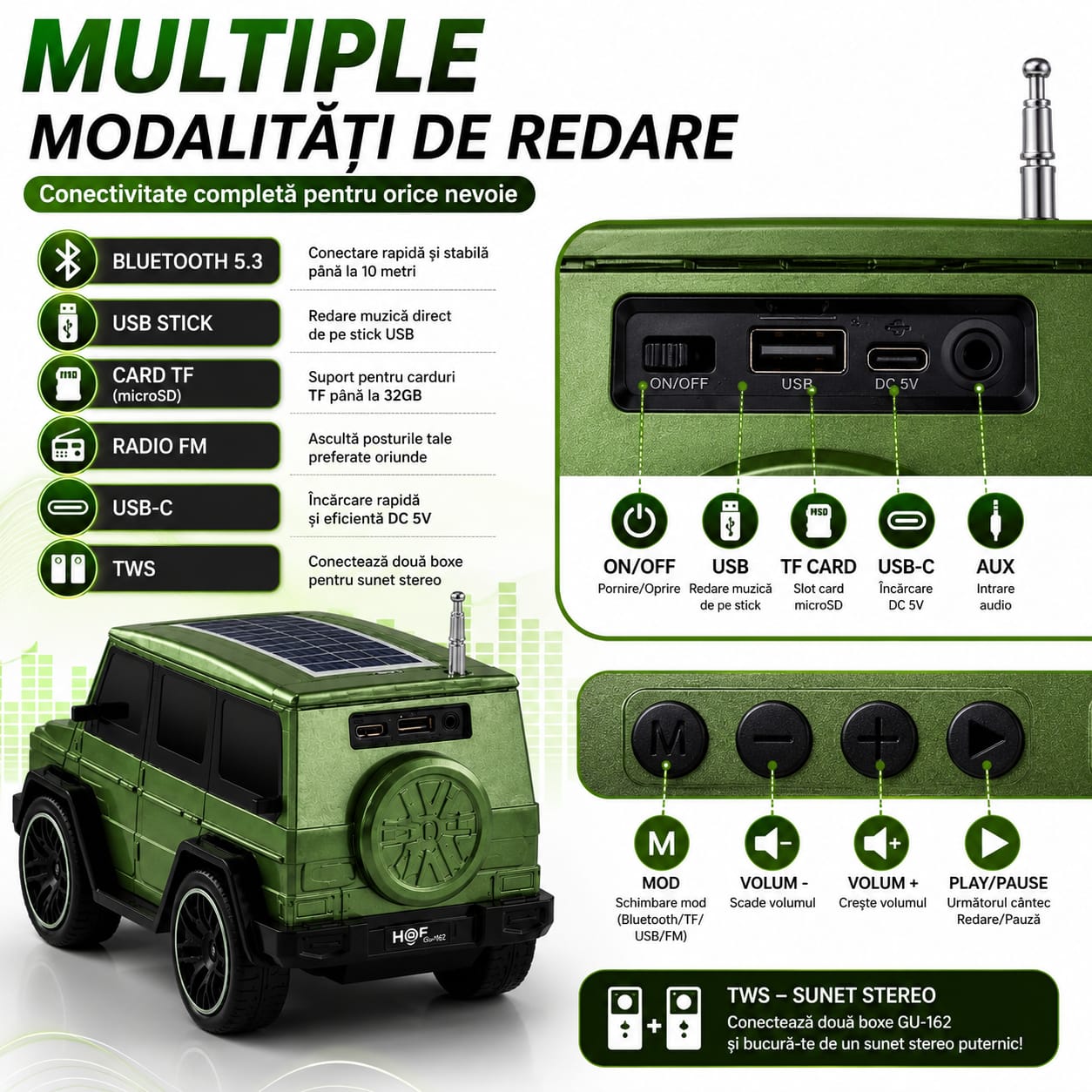 Boxă Portabilă Bluetooth H@F GU-162, 20W, Bluetooth 5.3, Încărcare Solară 1W, USB, TF Card, Radio FM, TWS Stereo, Hands-Free, Baterie 1200 mAh, USB-C, Verde