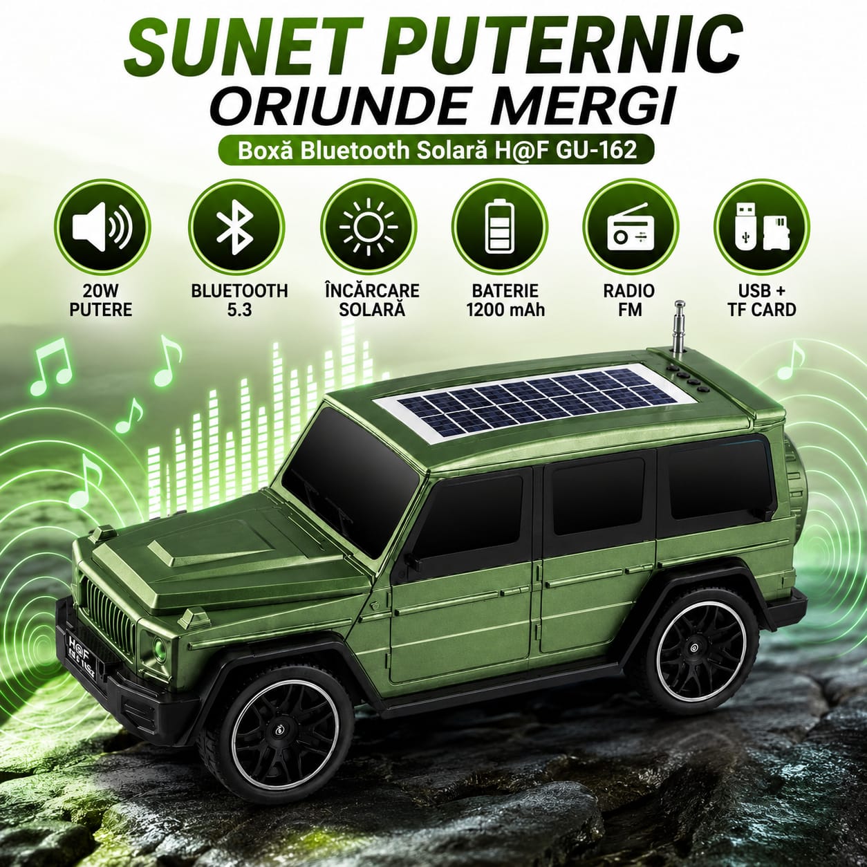 Boxă Portabilă Bluetooth H@F GU-162, 20W, Bluetooth 5.3, Încărcare Solară 1W, USB, TF Card, Radio FM, TWS Stereo, Hands-Free, Baterie 1200 mAh, USB-C, Verde