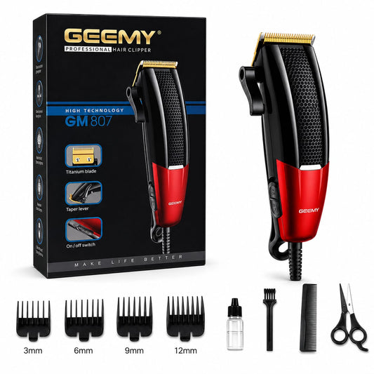 Mașină Profesională de Tuns GM-807, Motor Puternic 9-10W, Lamă Titanium, Reglaj Taper Lever, Alimentare la Priză, 4 Piepteni Incluși (3/6/9/12 mm), Negru/Roșu