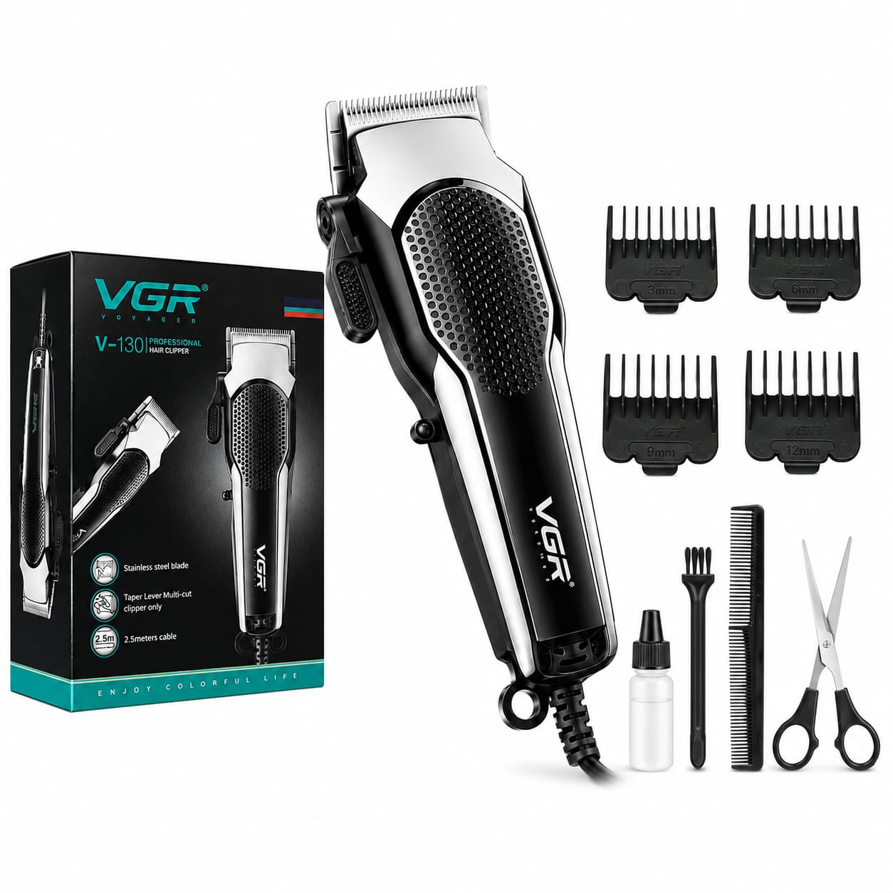 Mașină de tuns profesională V-130, alimentare la priză, lame din oțel inoxidabil, levier reglaj lungime, cablu 2,5 m, 4 piepteni (3/6/9/12 mm), negru/argintiu