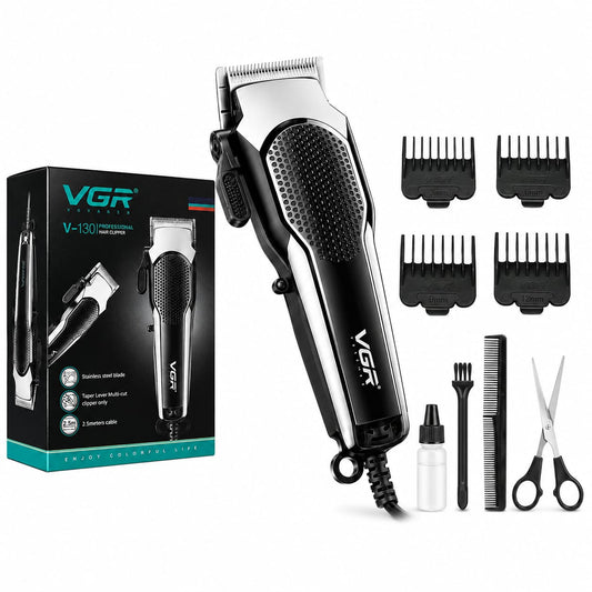 Mașină de tuns profesională V-130, alimentare la priză, lame din oțel inoxidabil, levier reglaj lungime, cablu 2,5 m, 4 piepteni (3/6/9/12 mm), negru/argintiu