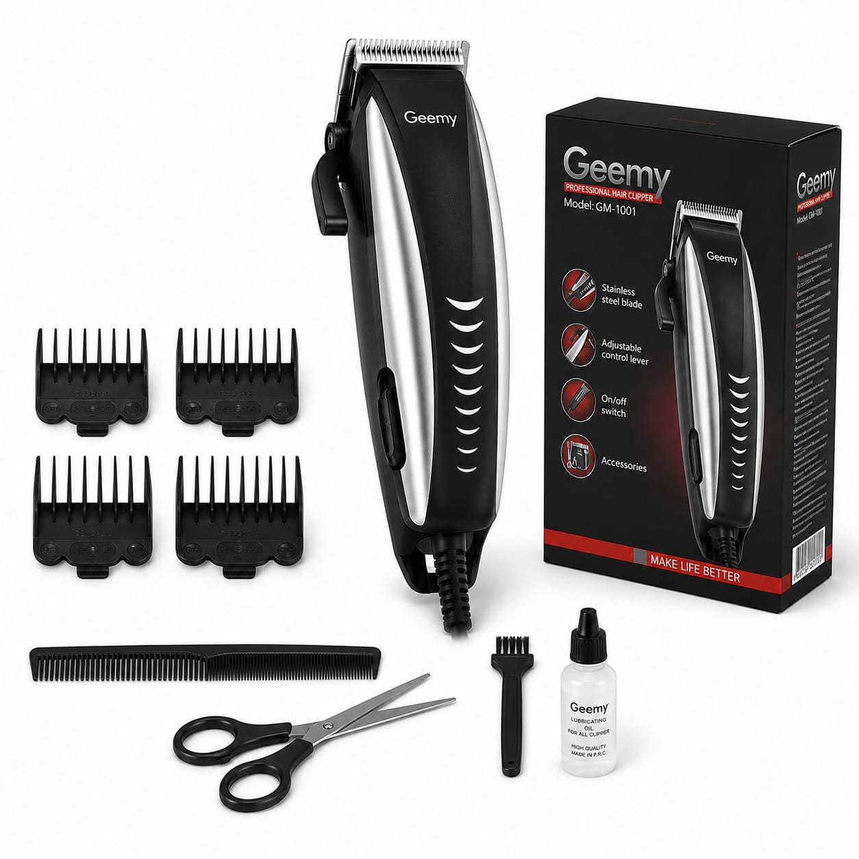 Mașină de tuns profesională GM-1001, cu fir, lame din oțel inoxidabil, manetă reglaj lungime, 4 piepteni (3/6/9/12 mm), accesorii complete, negru/argintiu