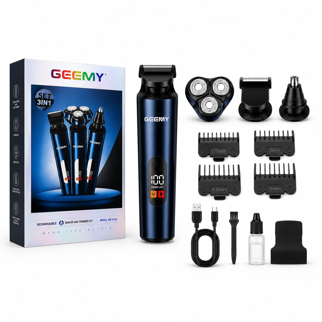 Aparat de Ras Electric și Trimmer 3 în 1 GM-8105, Display LED, Reîncărcare USB, Trimmer Barbă și Contur, Trimmer Nas și Urechi, Acumulator Reîncărcabil, Utilizare Fără Fir