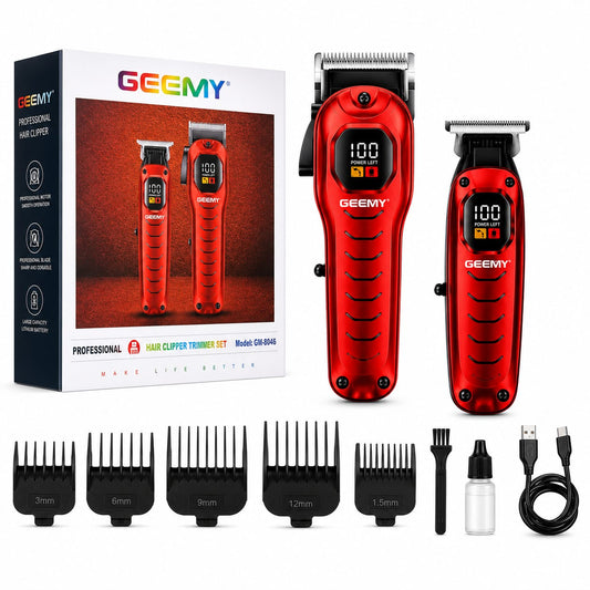 Set Profesional GM-8046, Mașină de tuns păr + Trimmer pentru contur și barbă, Display LED, Acumulator reîncărcabil USB, Lame din oțel inoxidabil, Autonomie până la 240 minute, Roșu