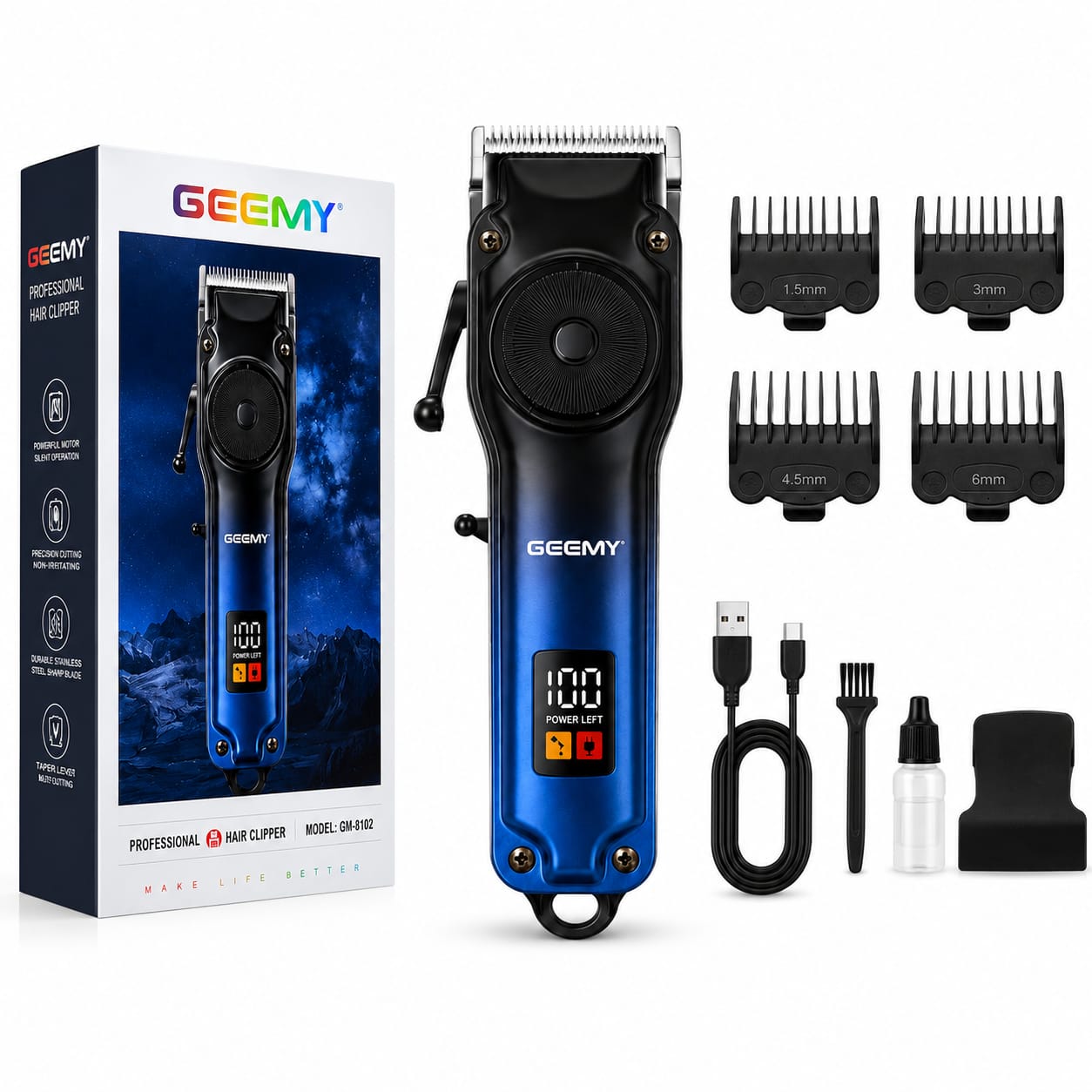 Mașină Profesională de Tuns și Contur GM-6675, Reglaj 1-10 mm, 10 Trepte de Tăiere, Acumulator Li-Ion 600 mAh, Încărcare USB, Motor 5W, Lame din Oțel Inoxidabil, Albastru/Negru