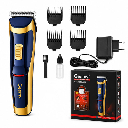 Mașină profesională de tuns GM-6005, acumulator reîncărcabil, lame din oțel inoxidabil, 4 piepteni (3/6/9/12 mm), autonomie până la 60 minute, pentru păr, barbă și contur, Albastru/Auriu