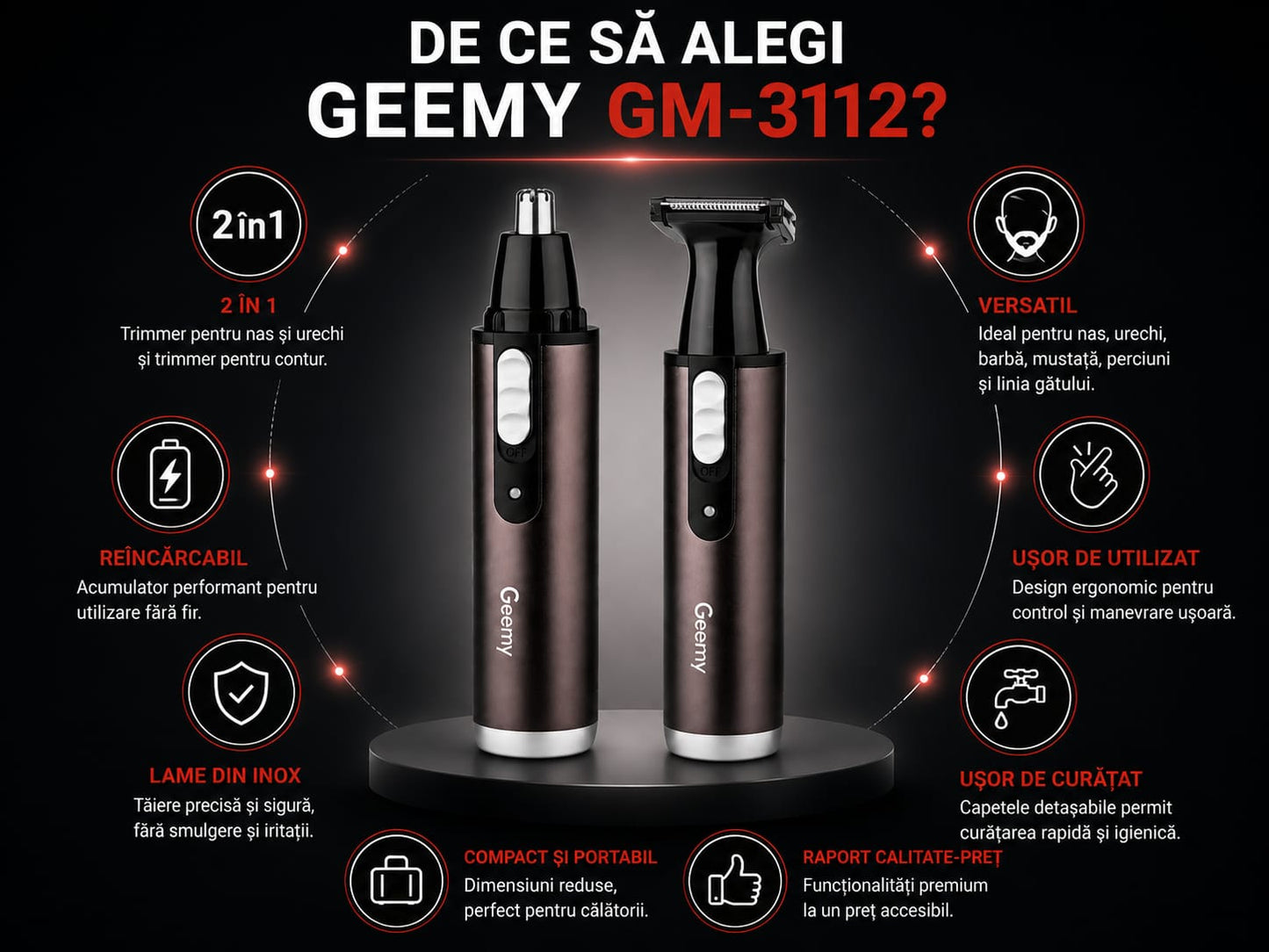 Trimmer 2 în 1 GM-3112, Reîncărcabil, pentru Nas, Urechi și Contur Barbă, Lame din Oțel Inoxidabil, Acumulator, Design Ergonomic