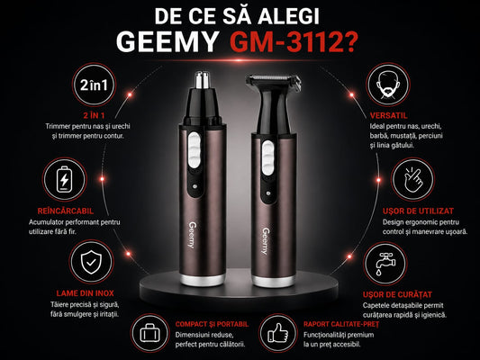Trimmer 2 în 1 GM-3112, Reîncărcabil, pentru Nas, Urechi și Contur Barbă, Lame din Oțel Inoxidabil, Acumulator, Design Ergonomic