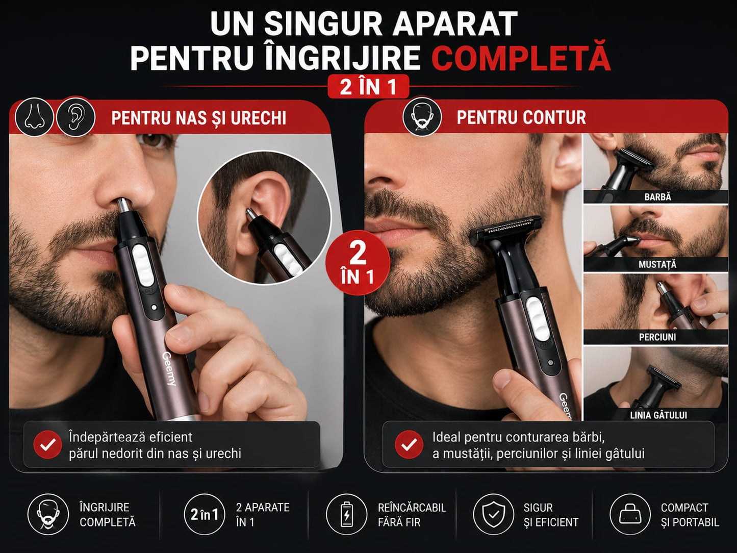 Trimmer 2 în 1 GM-3112, Reîncărcabil, pentru Nas, Urechi și Contur Barbă, Lame din Oțel Inoxidabil, Acumulator, Design Ergonomic