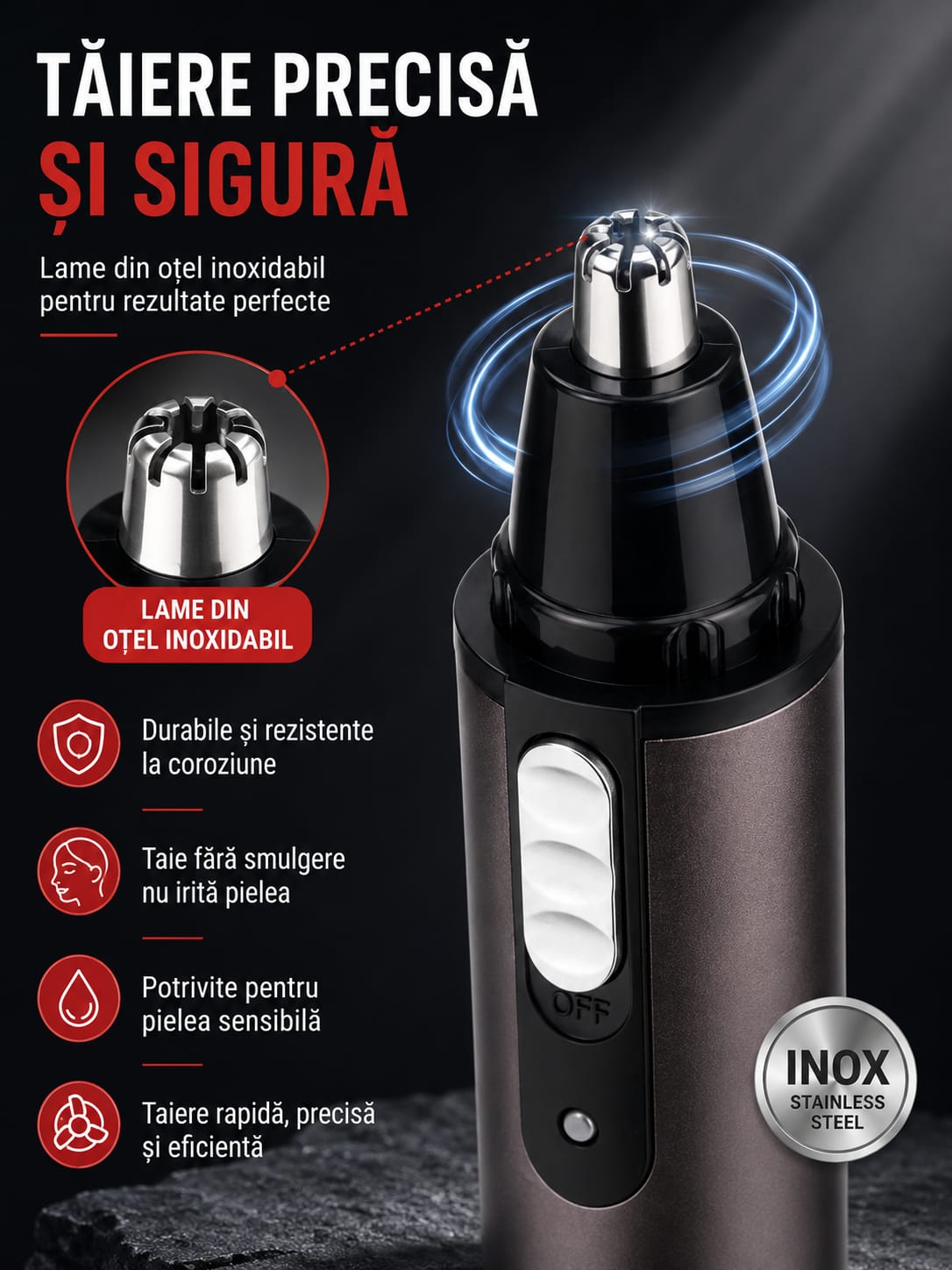 Trimmer 2 în 1 GM-3112, Reîncărcabil, pentru Nas, Urechi și Contur Barbă, Lame din Oțel Inoxidabil, Acumulator, Design Ergonomic