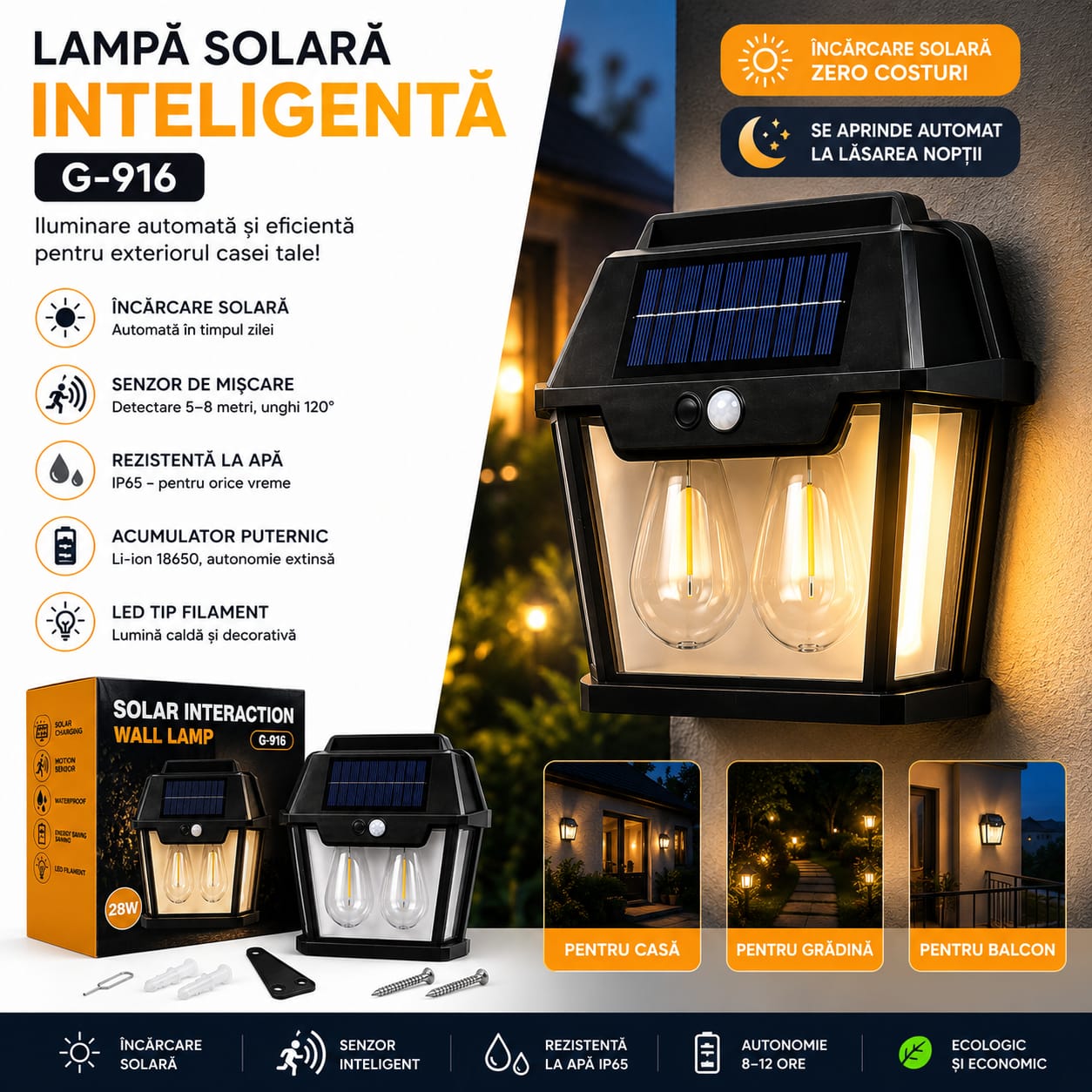 Lampă Solară LED Exterior G-916, cu Senzor de Mișcare PIR și Senzor Crepuscular, 28W, Panou Solar Integrat, 3 Moduri de Iluminare, IP65, Lumină Caldă, Pentru Curte, Grădină, Terasă, Gard