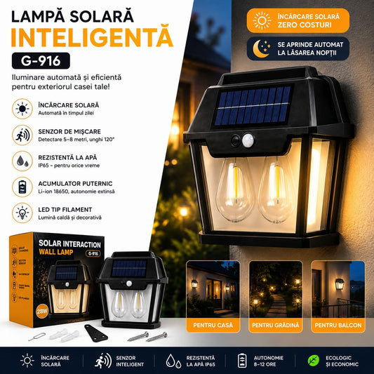 Lampă Solară LED Exterior G-916, cu Senzor de Mișcare PIR și Senzor Crepuscular, 28W, Panou Solar Integrat, 3 Moduri de Iluminare, IP65, Lumină Caldă, Pentru Curte, Grădină, Terasă, Gard