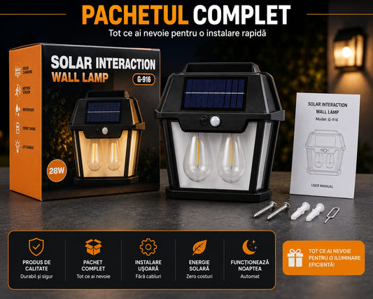 Lampă Solară LED Exterior G-916, cu Senzor de Mișcare PIR și Senzor Crepuscular, 28W, Panou Solar Integrat, 3 Moduri de Iluminare, IP65, Lumină Caldă, Pentru Curte, Grădină, Terasă, Gard