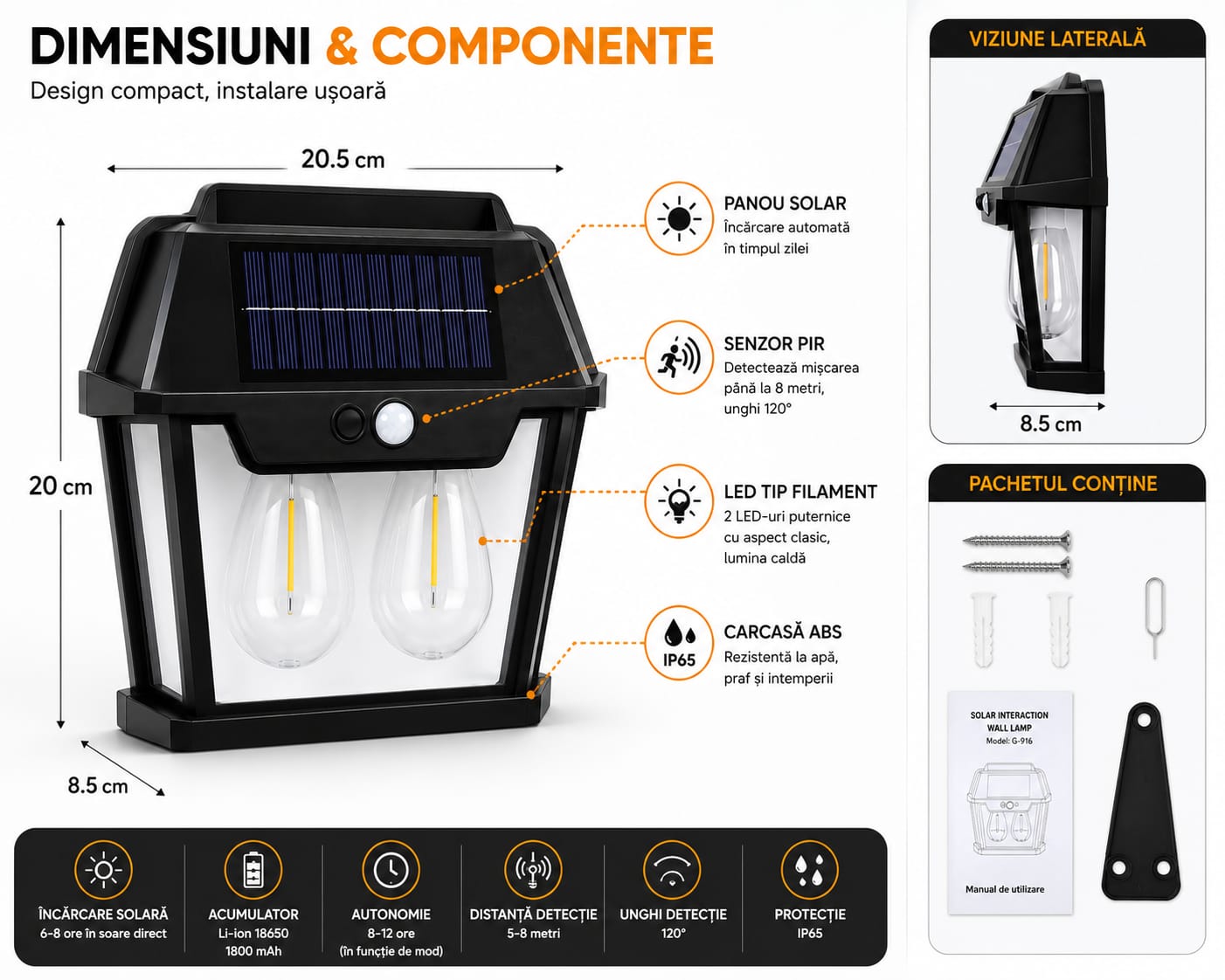 Lampă Solară LED Exterior G-916, cu Senzor de Mișcare PIR și Senzor Crepuscular, 28W, Panou Solar Integrat, 3 Moduri de Iluminare, IP65, Lumină Caldă, Pentru Curte, Grădină, Terasă, Gard