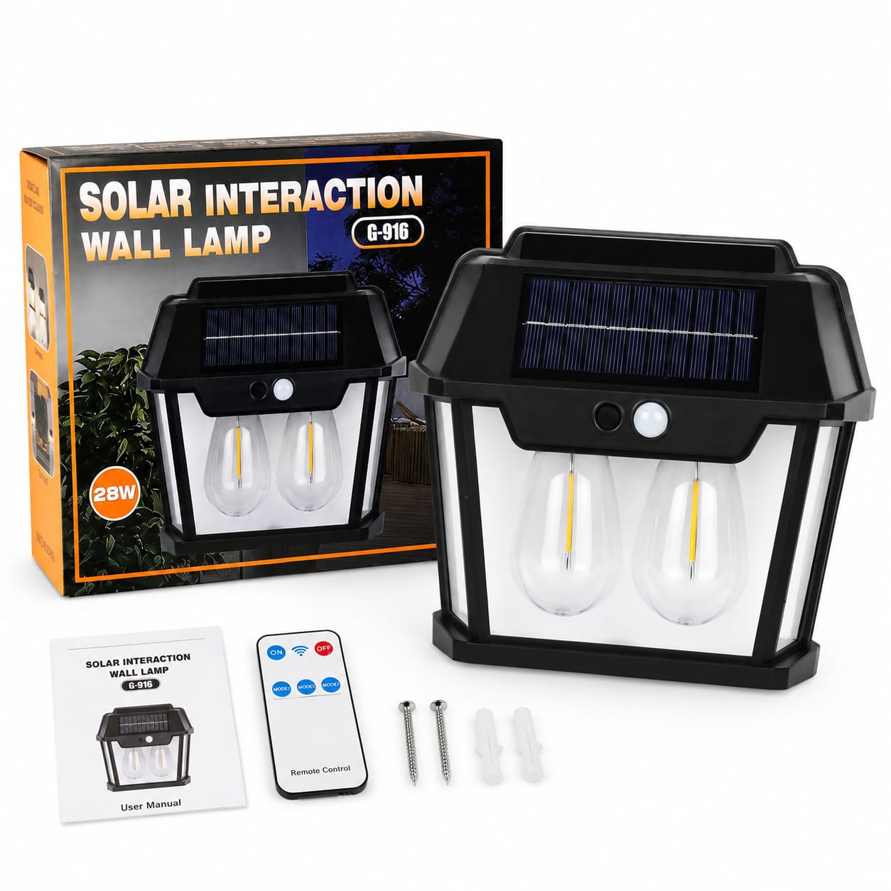Lampă Solară LED Exterior G-916, cu Senzor de Mișcare PIR și Senzor Crepuscular, 28W, Panou Solar Integrat, 3 Moduri de Iluminare, IP65, Lumină Caldă, Pentru Curte, Grădină, Terasă, Gard