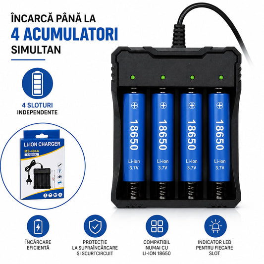 Încărcător 4 Acumulatori Li-Ion, 4 Sloturi Independente, 4.2V 1200mA, Indicator LED, Alimentare 100-240V