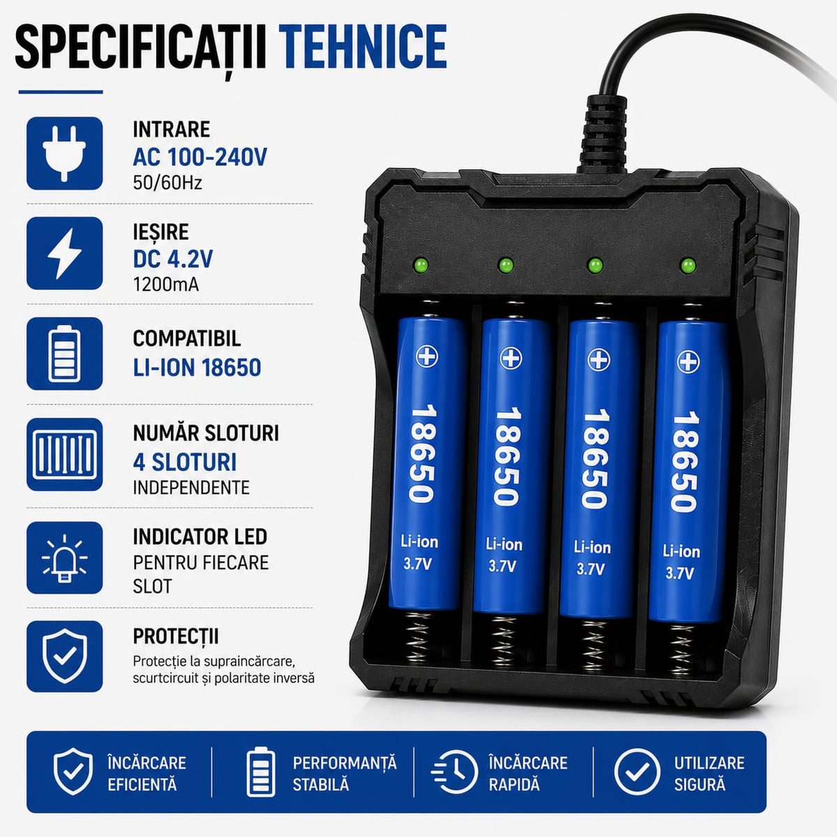 Încărcător 4 Acumulatori Li-Ion, 4 Sloturi Independente, 4.2V 1200mA, Indicator LED, Alimentare 100-240V