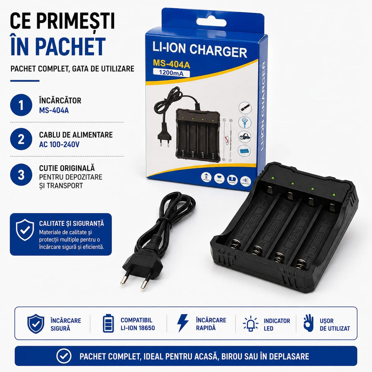 Încărcător 4 Acumulatori Li-Ion, 4 Sloturi Independente, 4.2V 1200mA, Indicator LED, Alimentare 100-240V